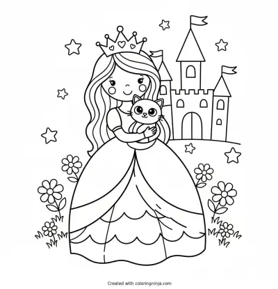 Cute Princess with Fluffy Kitten Coloring Page