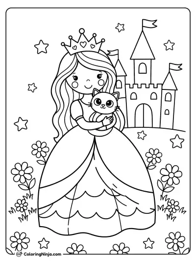 Cute Princess with Fluffy Kitten Coloring Page