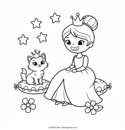 Princess and Tiny Crowned Kitten Coloring Page
