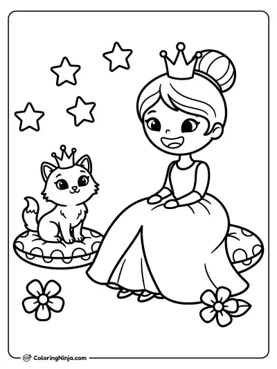 Princess and Tiny Crowned Kitten Coloring Page