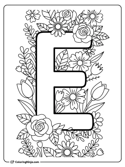 An "E" with Realistic Flowers Around It Coloring Page