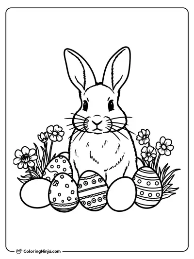 Conejo de Pascua detrás de huevos decorados