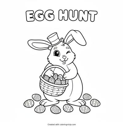 A coloring page of "EGG HUNT" poster with a funny rabbit