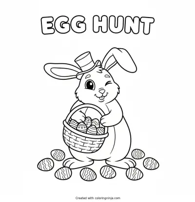 A coloring page of "EGG HUNT" poster with a funny rabbit