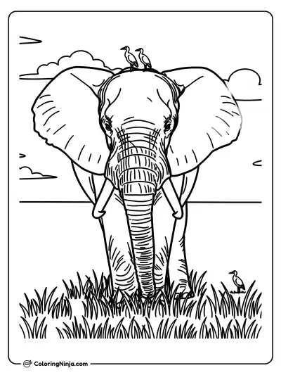 Elefante con pájaros en la cabeza