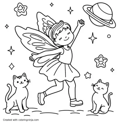 A coloring page of A fairy dancing with kitties among the stars and planets