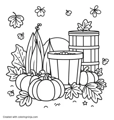 A coloring page of fall themed coloring sheet with native plants, compost bin, and rain barrel
