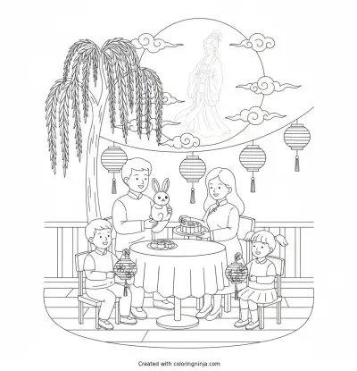 Family Celebrating Mid-Autumn Festival Coloring Page