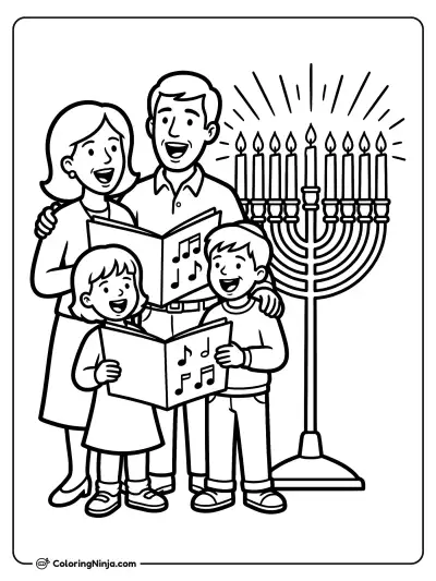 Family Singing Hanukkah Songs Coloring Page