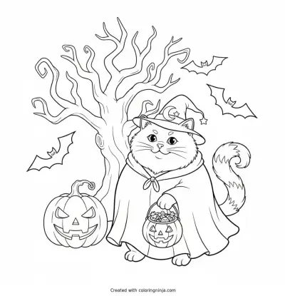 Fat Cat in Halloween Costume Coloring Page