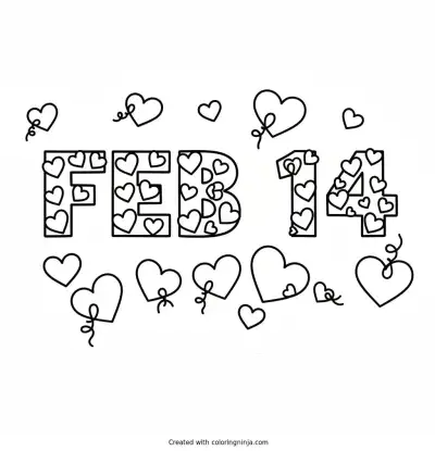 A coloring page of Feb 14 letters with hearts