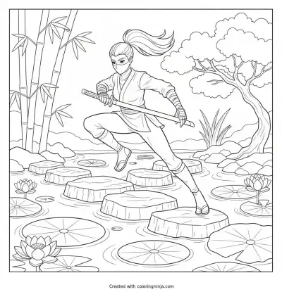 Ponytail Ninja Garden Leap Coloring Page
