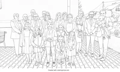 A coloring page of First Communion Celebration with Family