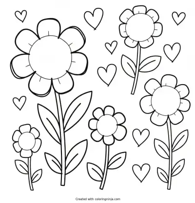 A coloring page of flowers and hearts