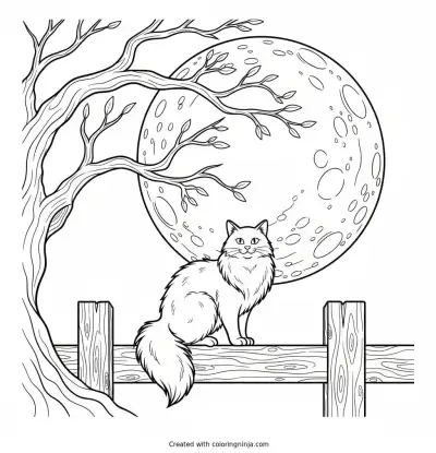 Midnight Cat on the Fence Coloring Page