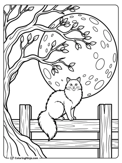 Midnight Cat on the Fence Coloring Page