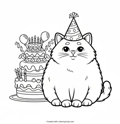 A Birthday Celebration for Kitten Coloring Page