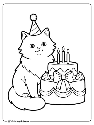 Party Cat and Birthday Cake Coloring Page