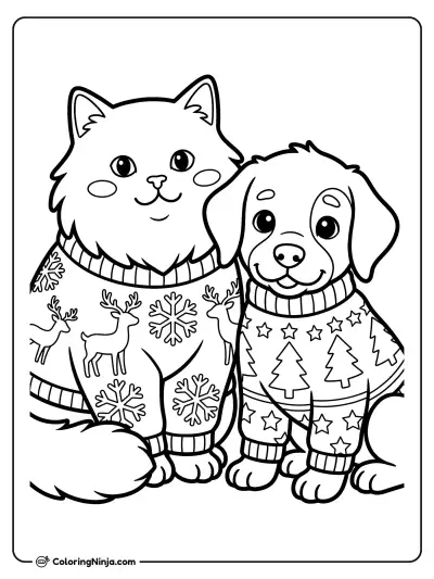 Cat and Puppy in Sweaters Coloring Page