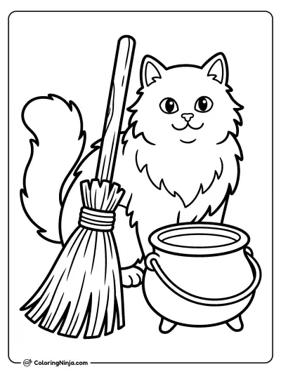 Black Cat with Broom Coloring Page