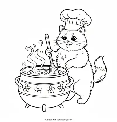 Little Chef Cat's Big Soup Coloring Page