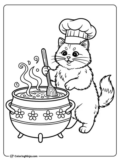 Little Chef Cat's Big Soup Coloring Page