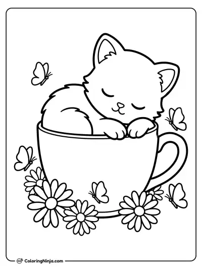 Sleepy Kitten in a Teacup Coloring Page