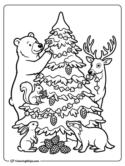 Woodland Animals Decorating a Tree Coloring Page