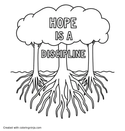 A coloring page of A forest with underground root network and the text "Hope is a discipline" 