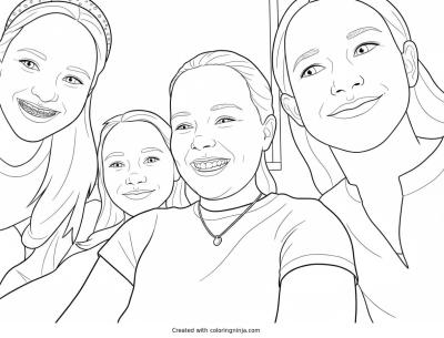A coloring page of Four Smiling Girls Looking Down