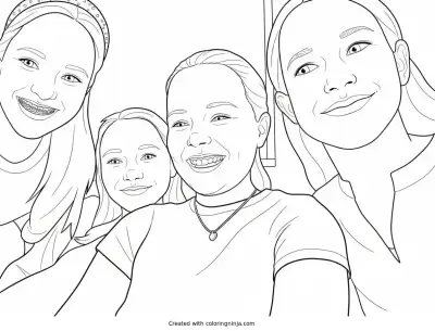 A coloring page of Four Smiling Girls Looking Down
