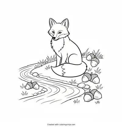 Fox Coloring Page with a Stream and Acorns