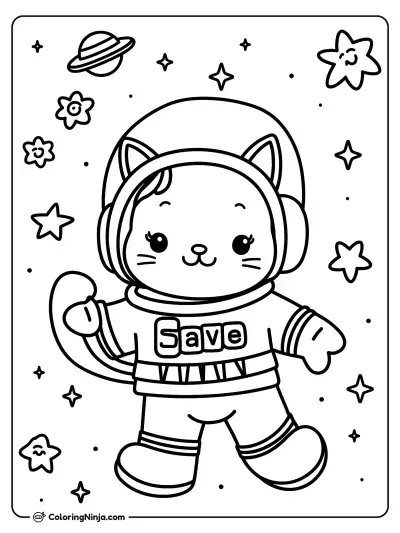 Friendly Astronaut with Cat in Space Coloring Page