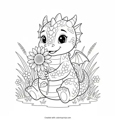 Baby Dragon and Sunflower Coloring Page