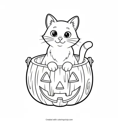 Curious Cat in a Bucket Coloring Page