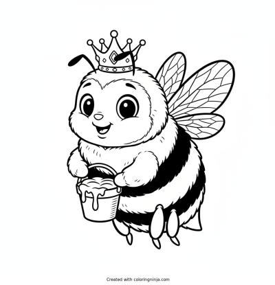 A coloring page of A friendly bumblebee wearing a tiny crown and carrying a small bucket of honey.