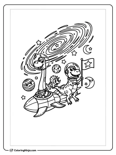 Friendly Dinosaurs In Space Riding Rocket with Flag Coloring Page