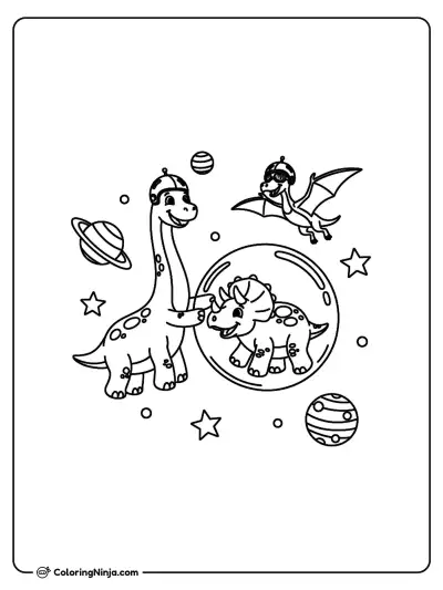 Friendly Dinosaurs In Space With Bubble Helmet And Planets Coloring Page