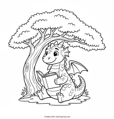 A Friendly Dragon Reading a Book under a Tree Coloring Page