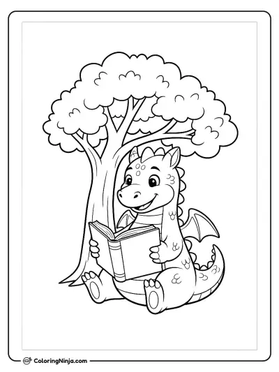 A Friendly Dragon Reading A Book Under A Tree Sitting Down with Open Storybook Coloring Page
