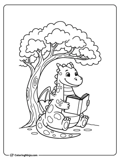 Friendly Dragon Reading Under A Tree Coloring Page