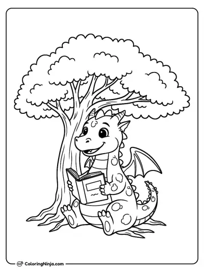 A Friendly Dragon Reading A Book Coloring Page