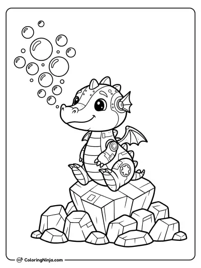 Dragón robot amigable soplando burbujas