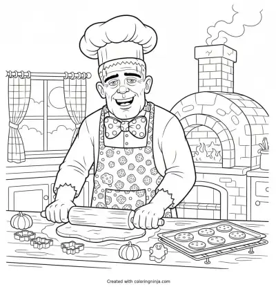 Baking Treats with Frankenstein Coloring Page
