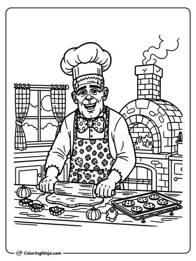 Frankenstein horneando galletas en la cocina