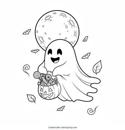 A coloring page of A friendly ghost holding a bucket of candy beneath a full moon.