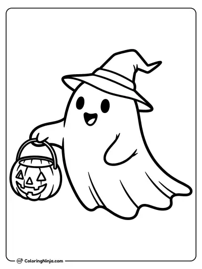 The Friendly Little Ghost Holding a Pumpkin Bucket Coloring Page