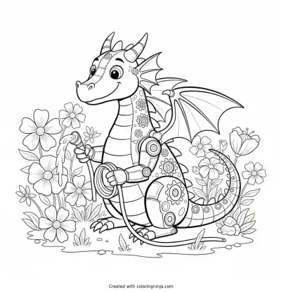 Friendly Metal Dragon In Meadow Coloring Page