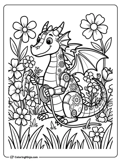 Friendly Metal Dragon In Meadow Coloring Page