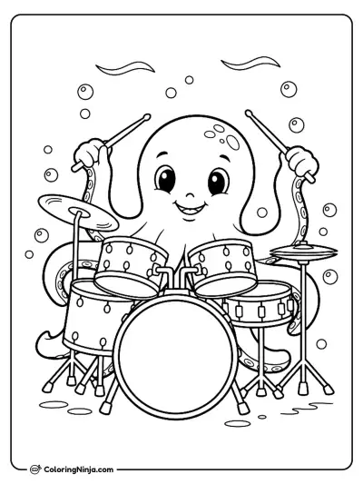 A Friendly Octopus Playing Drums Under The Sea Coloring Page